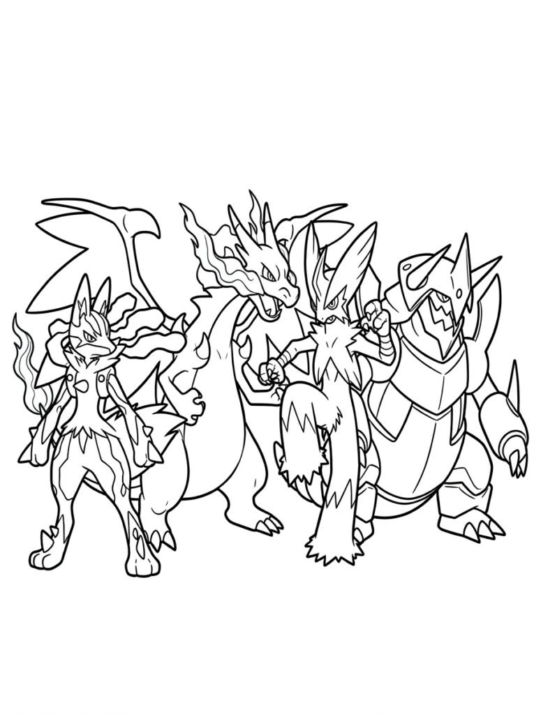 Vier Pokemon met scherpe tanden en klauwen