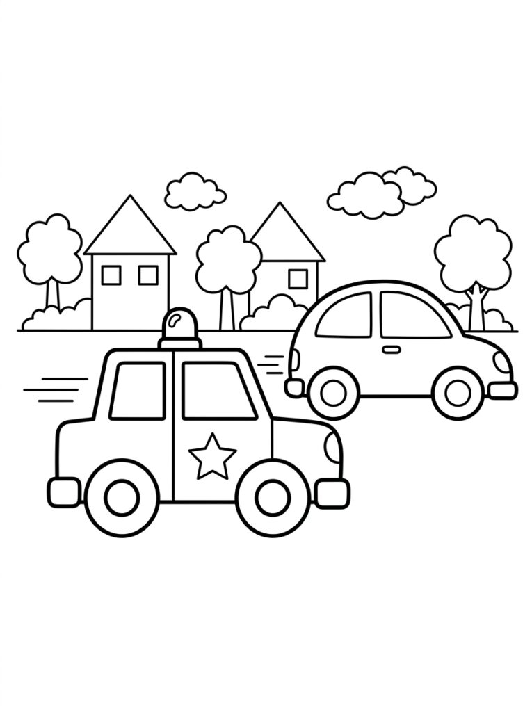 Kleurplaat van een politieauto met ster en sirene die een personenauto achtervolgt op een weg met huizen bomen en wolken