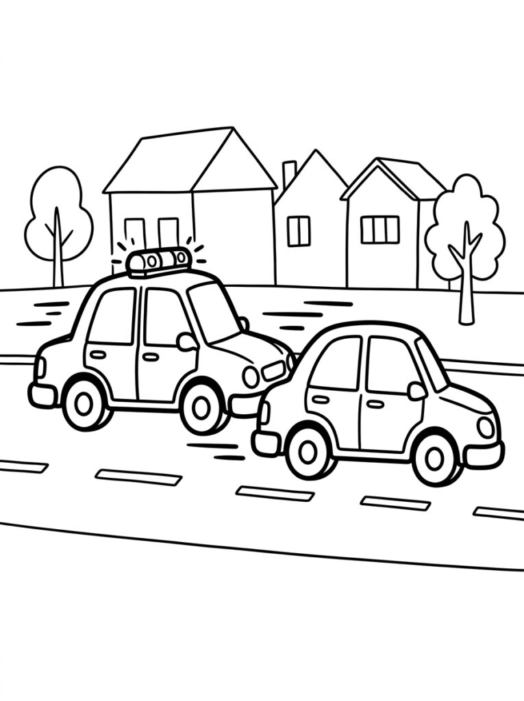 Kleurplaat van een politieauto met zwaailichten die een personenauto nadert op een weg met huizen en bomen