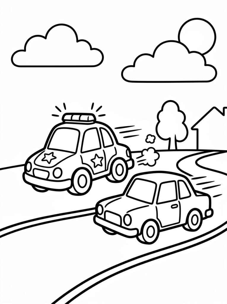 Kleurplaat van een politieauto met ster en zwaailichten die een auto achtervolgt op een bochtige weg met wolken zon boom en huis