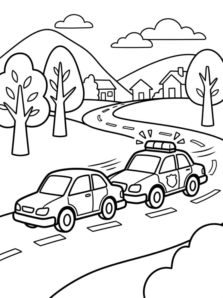 Kleurplaat van een politieauto met lichtbalk die een auto achtervolgt op een weg met heuvels bomen huizen en wolken