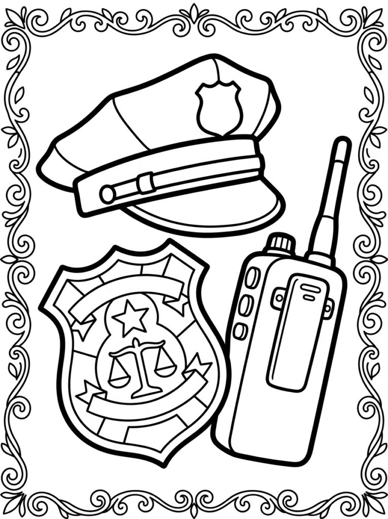 Kleurplaat van een politiehoed een badge met weegschaal en ster en een portofoon in een decoratieve lijst met krullen