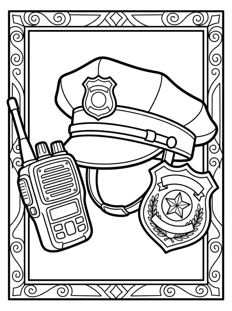 Kleurplaat van een politiehoed met badge een politiebadge met ster en een walkietalkie in een sierlijke omlijsting
