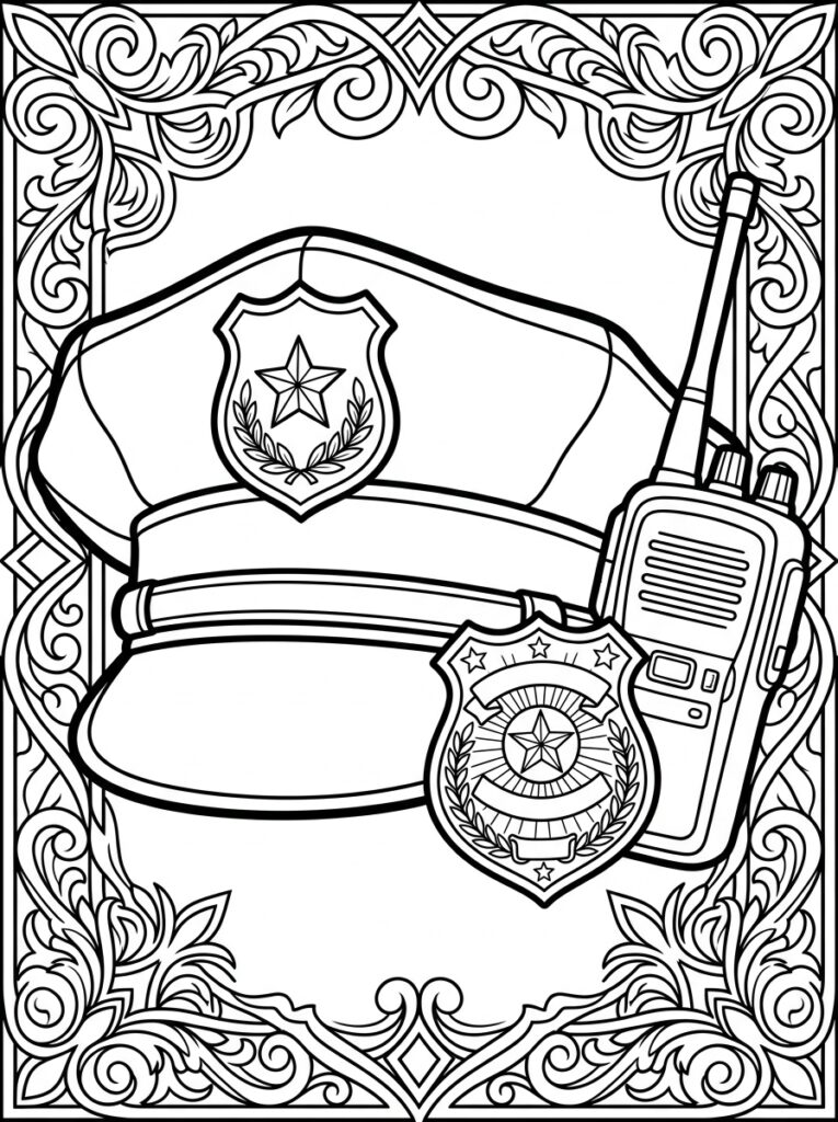 Kleurplaat van een politiepet met sterbadge een politiebadge met lauwerkrans en een portofoon in een ornamentele rand