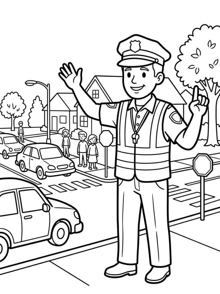 Kleurplaat van een politieagent in vest met fluit die het verkeer regelt bij een zebrapad met kinderen auto's en huizen