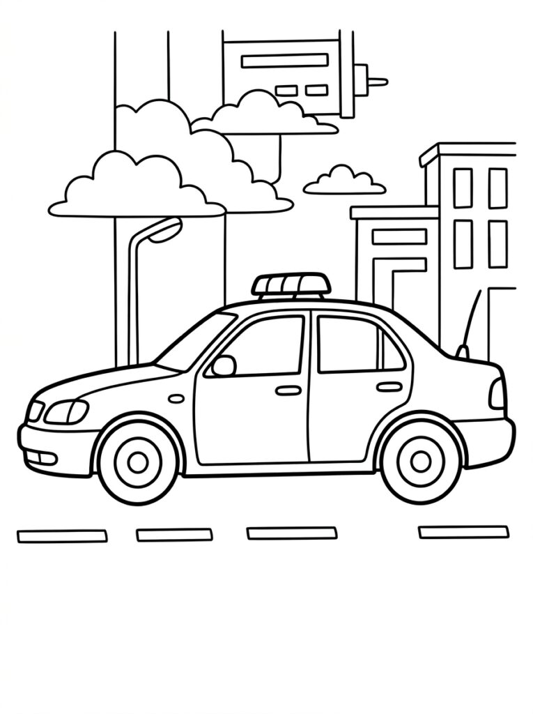 Kleurplaat van een politieauto op een weg met gebouwen lantaarnpaal en wolken