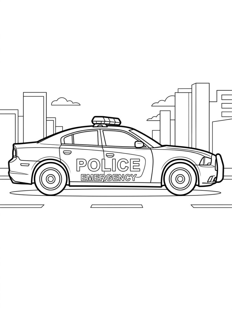 Kleurplaat van een politieauto met POLICE EMERGENCY tekst in een stad met hoge gebouwen en wolken