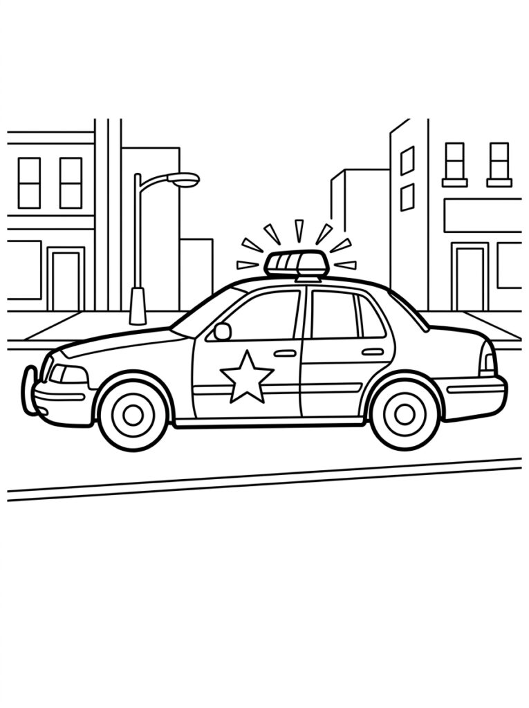 Kleurplaat van een politieauto met ster zwaailichten en stadgebouwen op de achtergrond