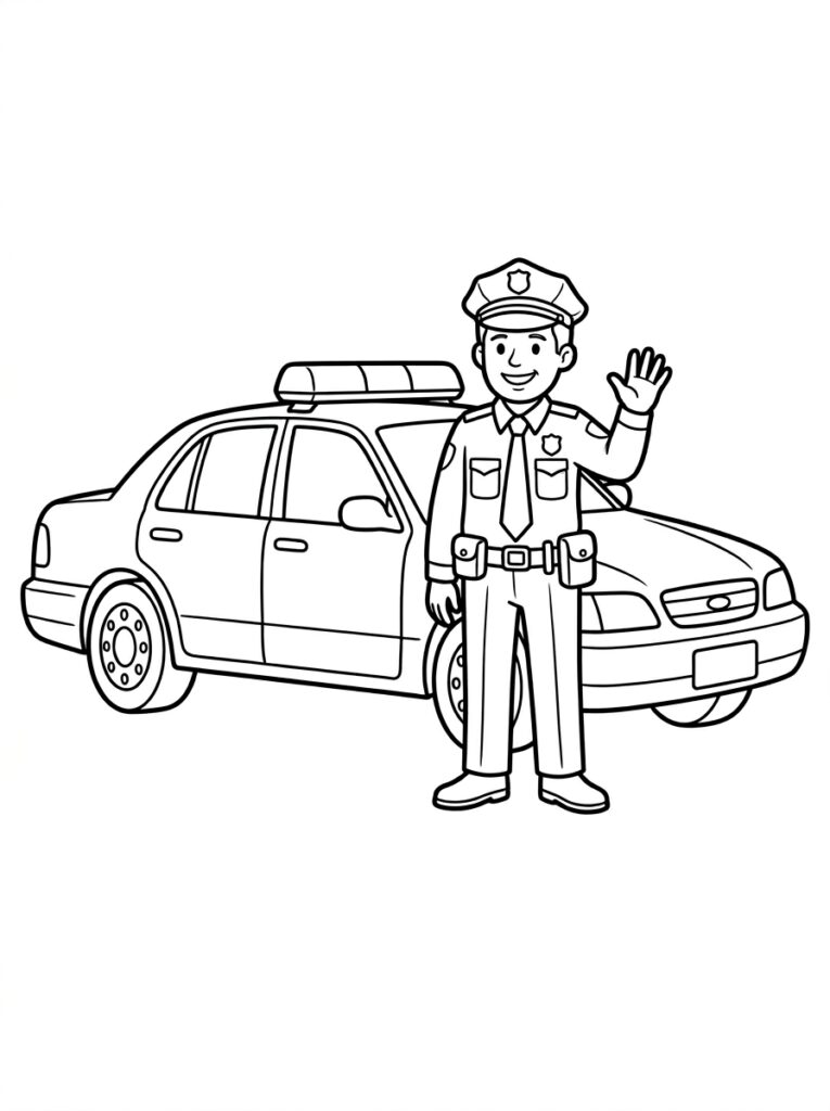 Kleurplaat van een politieagent die zwaait naast een politieauto