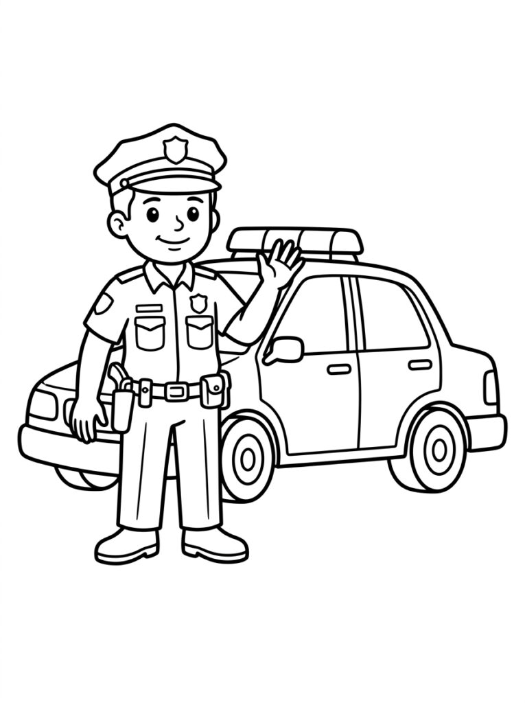 Kleurplaat van een politieagent met opgeheven hand naast een politieauto