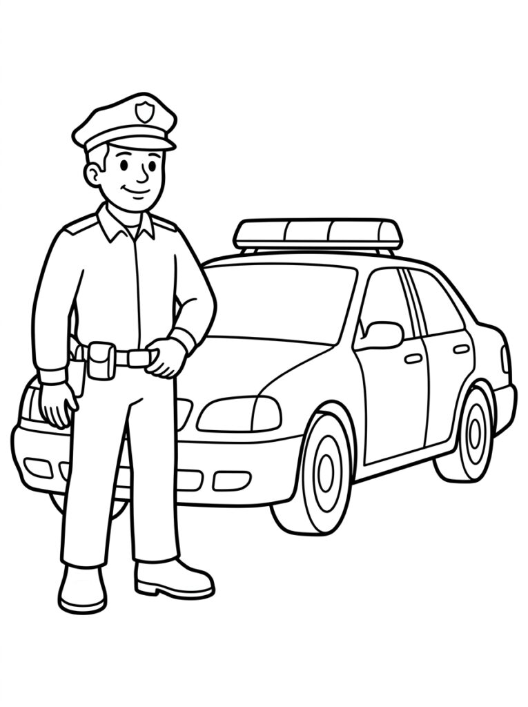 Kleurplaat van een politieagent met handen bij de riem naast een politieauto