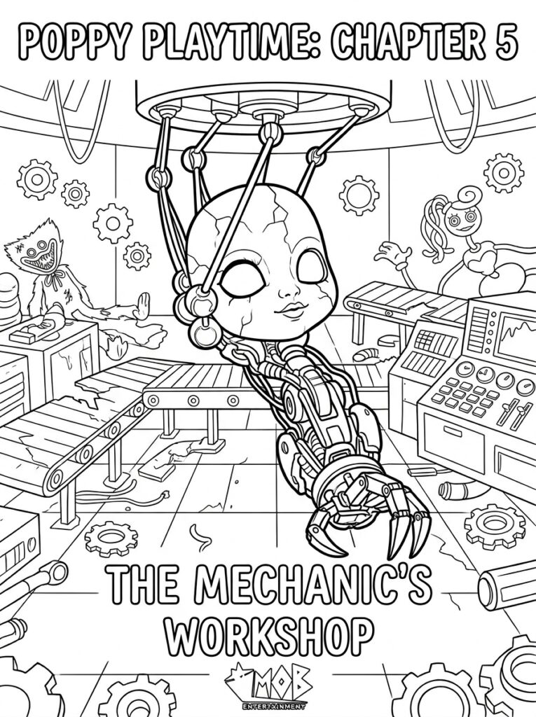 Hangende mechanische pop met klauwhand in werkplaats