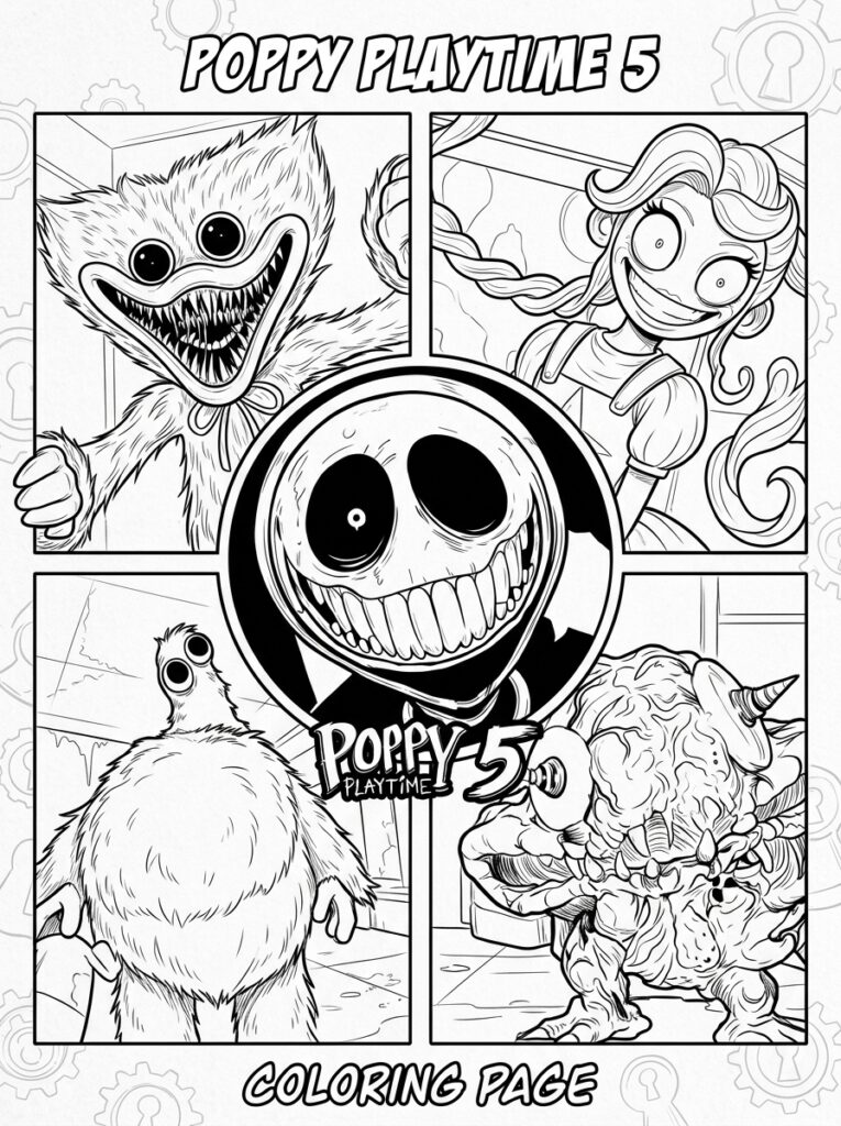 Huggy Wuggy en monsters in vier panelen