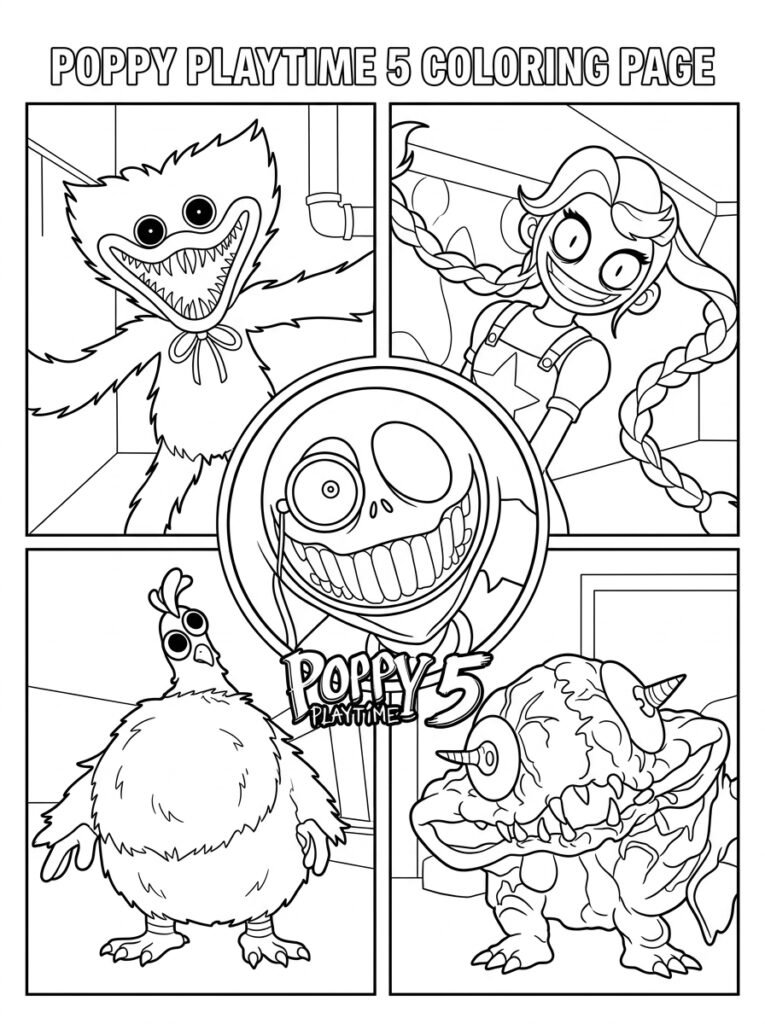 Huggy Wuggy, Poppy, lachende schedel, kip en hoornmonster
