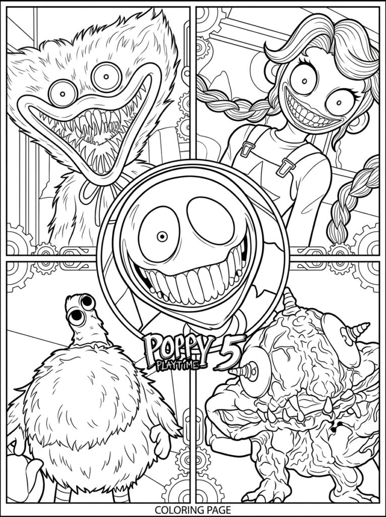 Huggy Wuggy, Poppy, pluizige kip en hoornmonster met tandwielen
