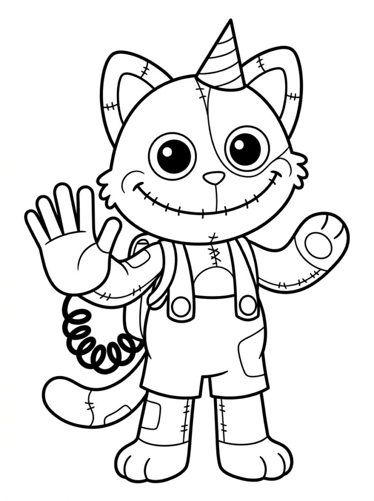 Eenhoornkat in overalls met opgestoken poot