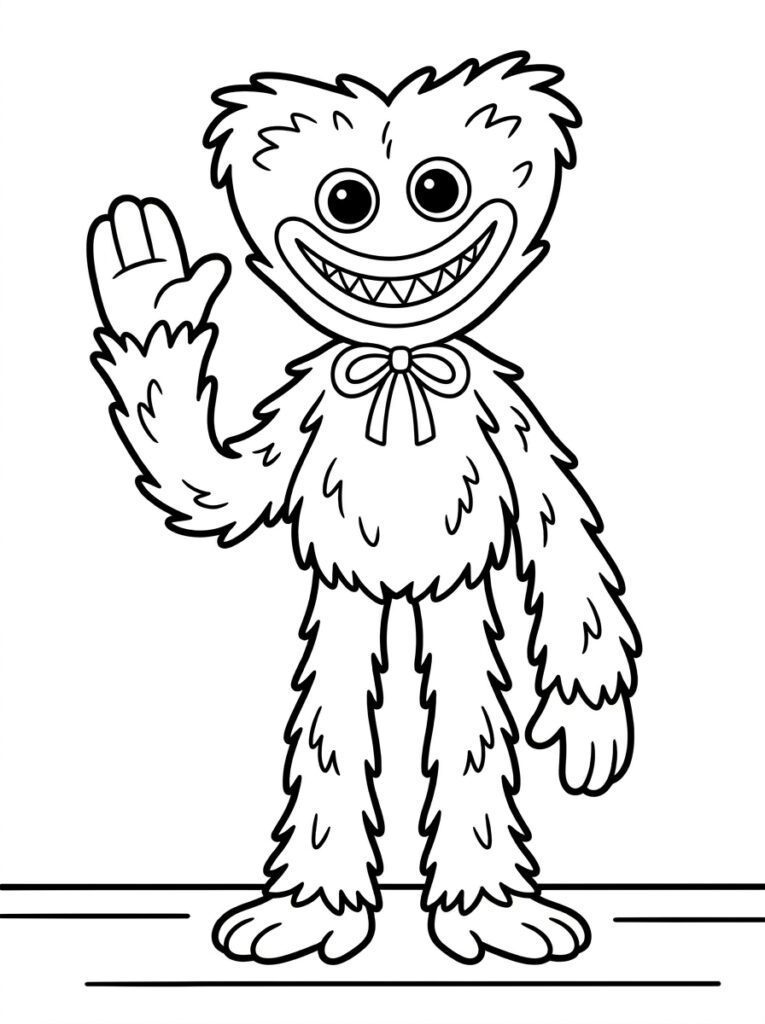 Huggy Wuggy met strik en zwaaiende hand