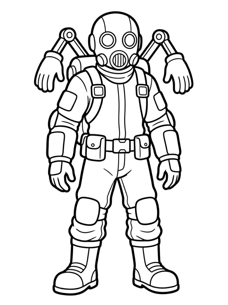 Gasmaskerman met extra mechanische armen op rug