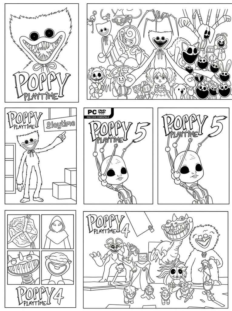 Meerdere kaders met Poppy Playtime poppen