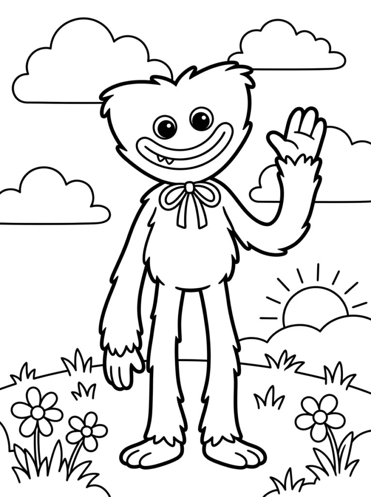 Huggy Wuggy zwaait bij zon en wolken