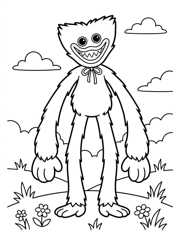 Huggy Wuggy staat in veld met bloemen