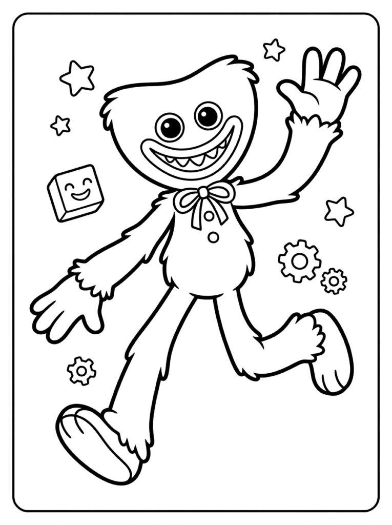 Huggy Wuggy springt met lachend blok en sterren