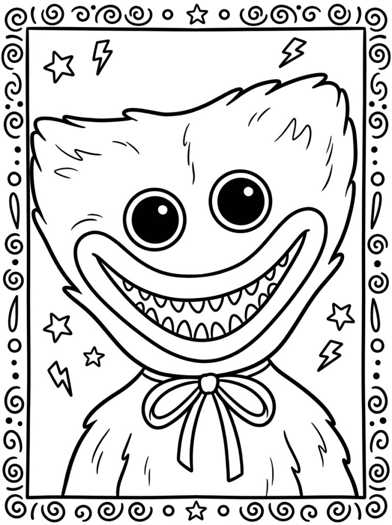 Huggy Wuggy portret met sterren bliksems en krullen