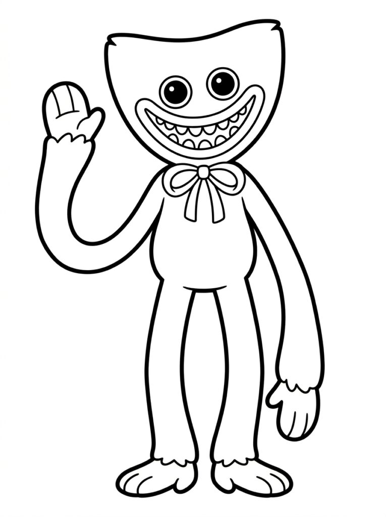 Huggy Wuggy zwaait met hand en brede grijns