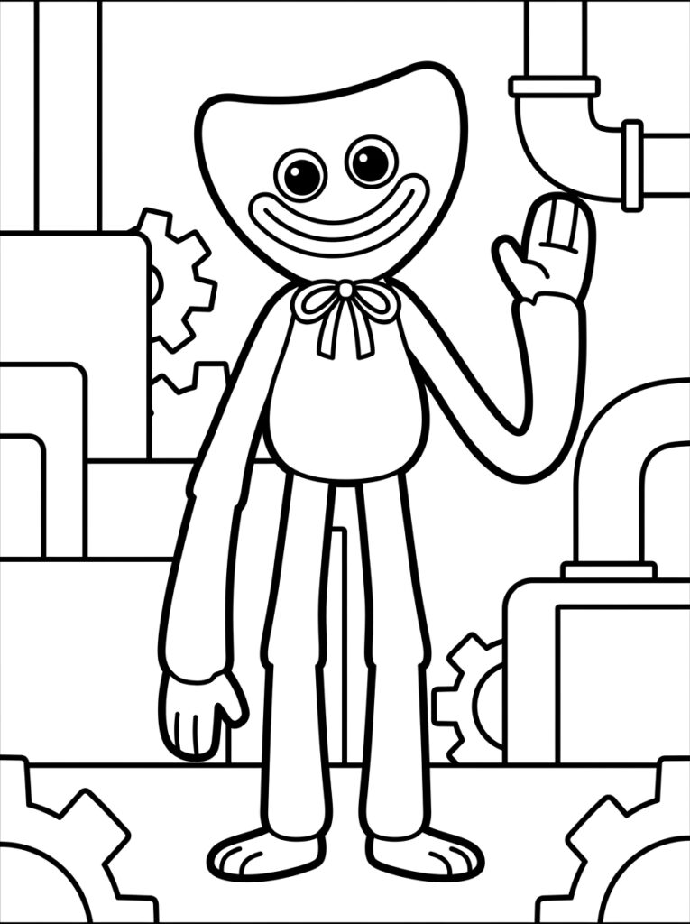 Huggy Wuggy zwaait in fabriek met buizen