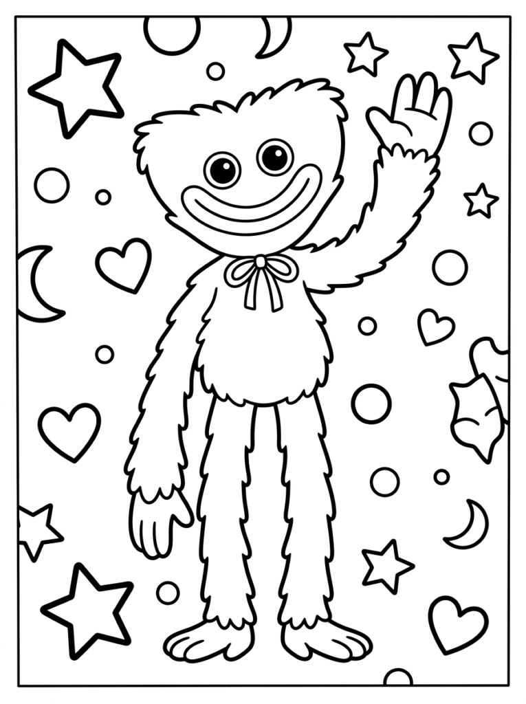 Huggy Wuggy zwaait tussen sterren manen en harten