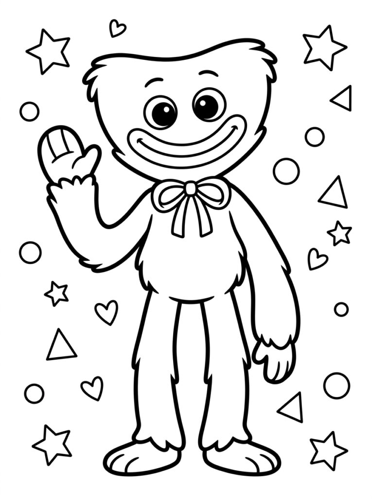 Huggy Wuggy zwaait tussen sterren harten driehoeken