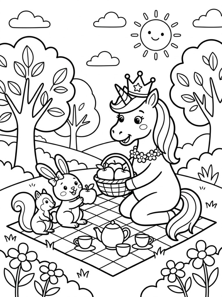 Prinses Eenhoorn picknickt met konijn en eekhoorn