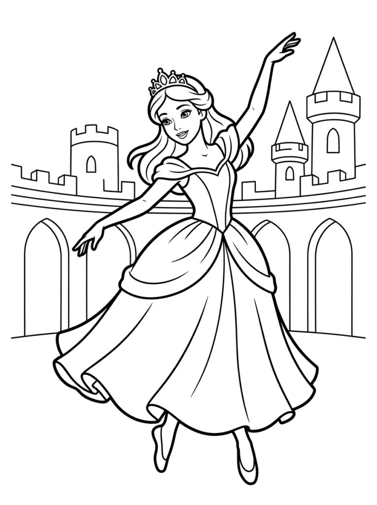 Kleurplaat van een prinses met kroon en wapperende jurk die danst voor een kasteel met torens