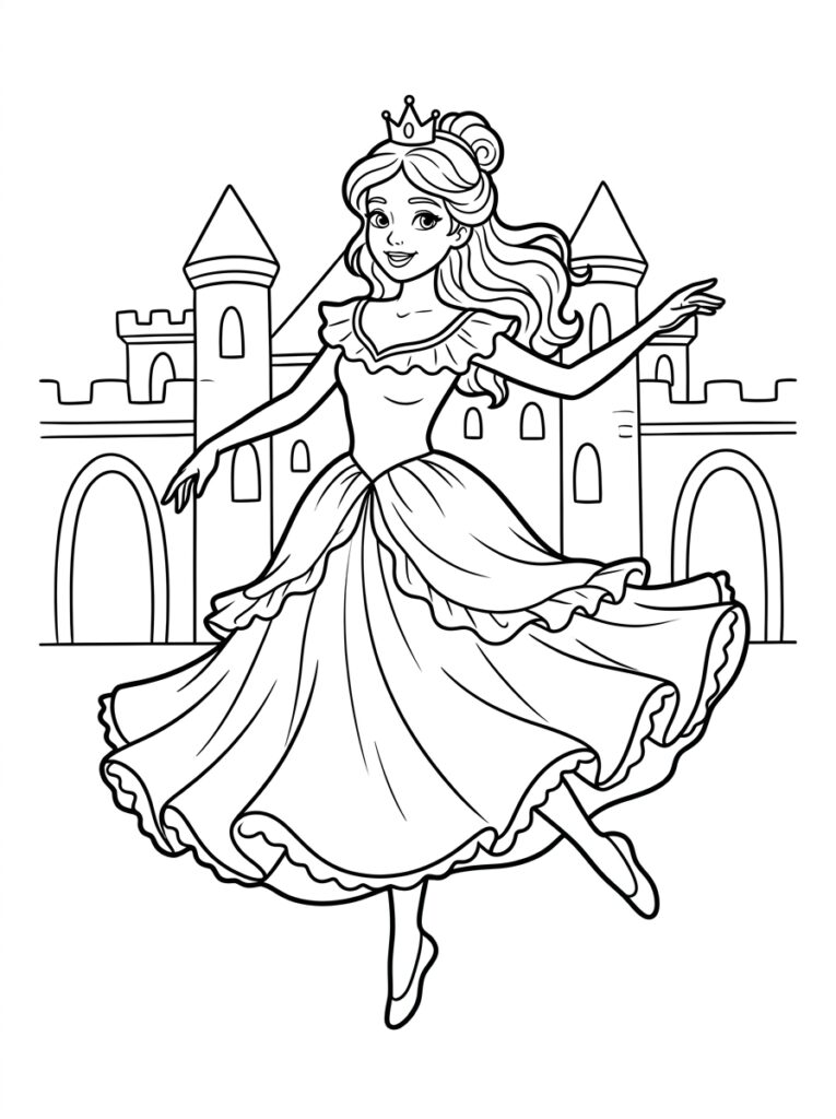 Kleurplaat van een prinses met kroon en opgestoken haar die danst met uitgestrekte armen voor een kasteel