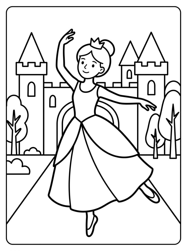 Kleurplaat van een prinses met kroon die danst op een pad met kasteel en bomen op de achtergrond