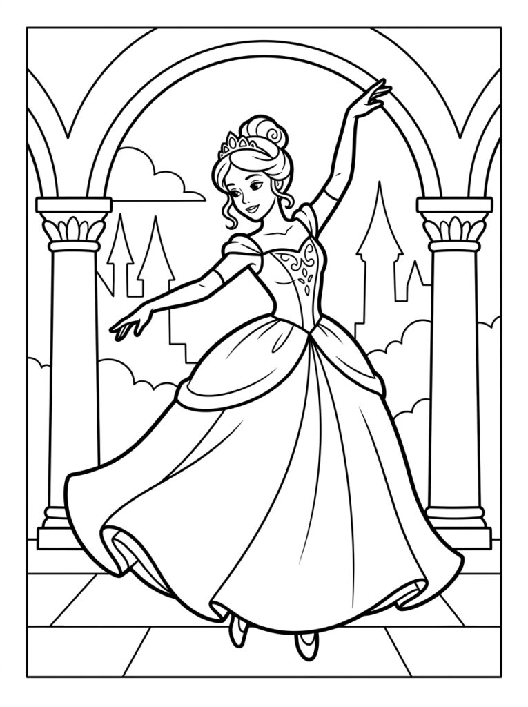 Kleurplaat van een prinses met kroon en opgestoken haar die danst onder bogen met pilaren en kasteel