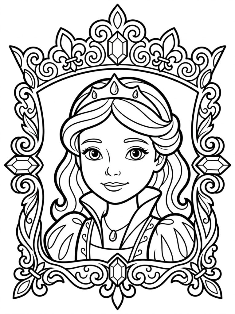Kleurplaat van een prinses met tiara in een decoratieve lijst met edelstenen en krullen