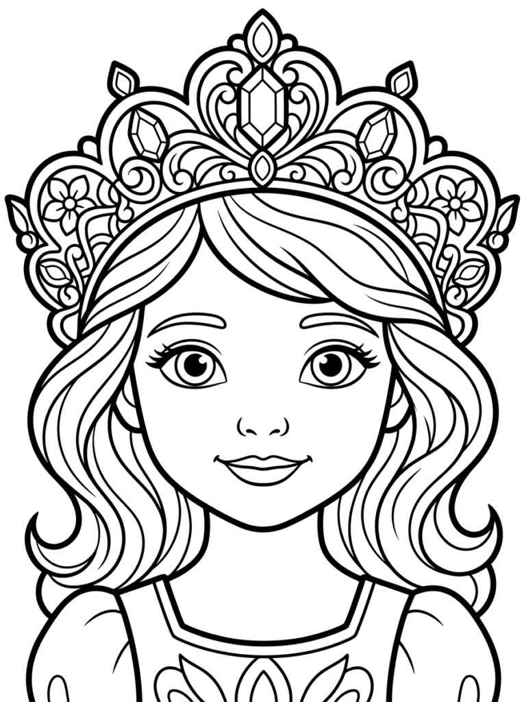Kleurplaat van een prinses met grote kroon met edelstenen en krullend haar