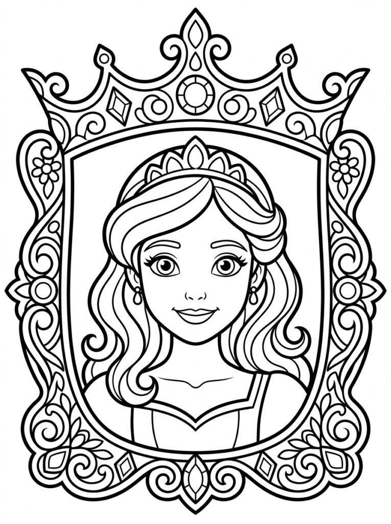 Kleurplaat van een prinsesportret in een schild met grote kroon erboven