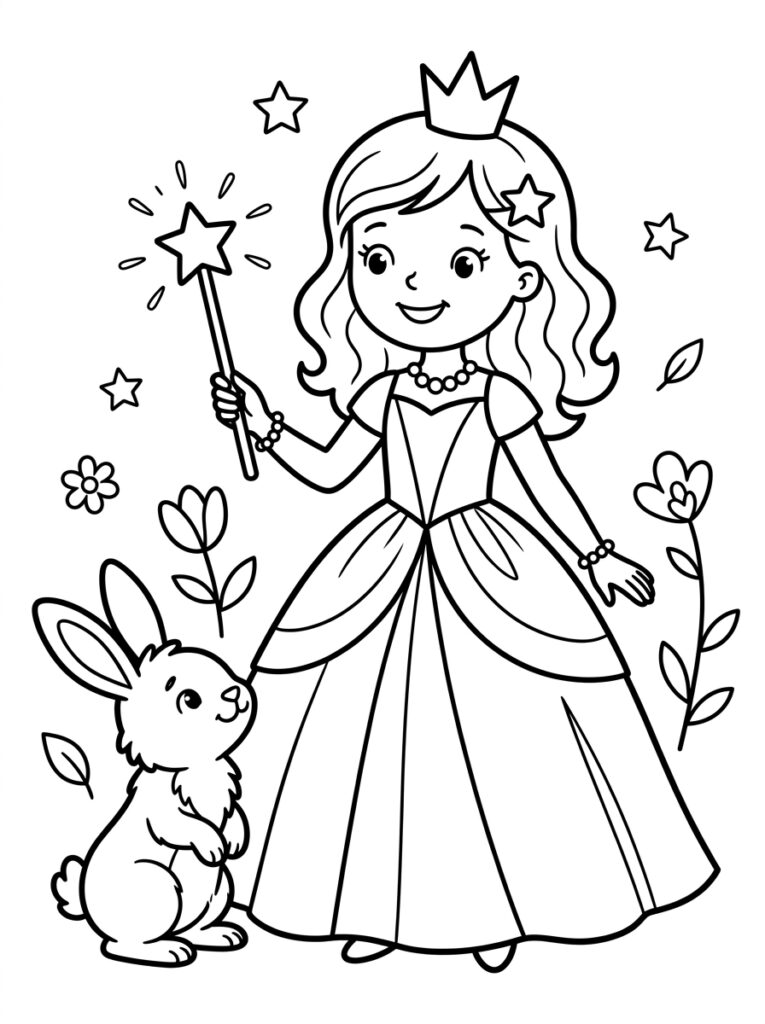 Kleurplaat van een prinses met kroon en sterren toverstaf naast een konijn met bloemen en sterren