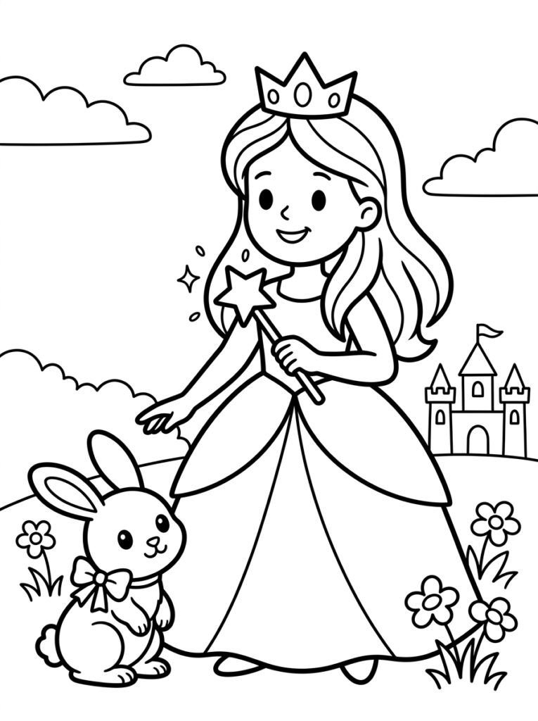 Kleurplaat van een prinses met kroon en toverstaf naast een konijn met strik voor een kasteel