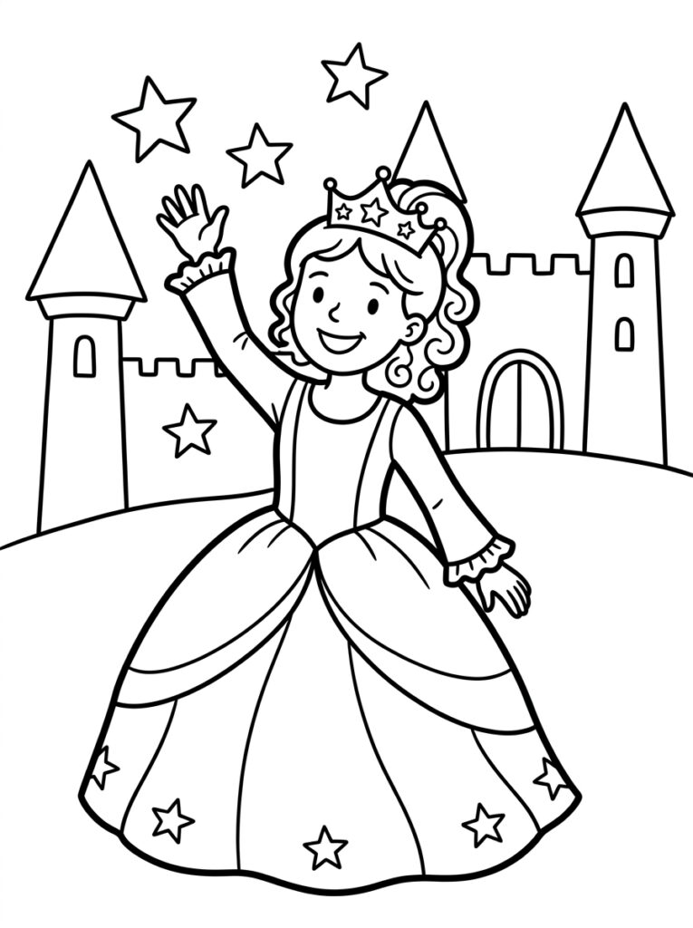 Kleurplaat van een prinses met kroon die zwaait met sterren rondom en kasteel op de achtergrond