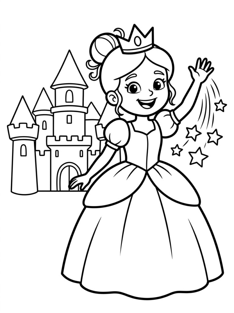 Kleurplaat van een prinses met kroon die zwaait en sterren tovert naast een kasteel