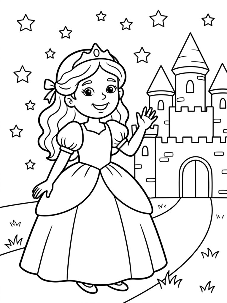 Kleurplaat van een prinses met kroon die zwaait voor een kasteel met sterren in de lucht