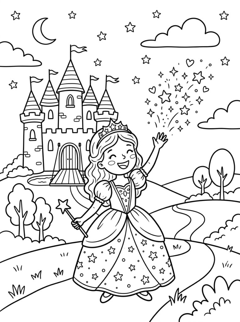 Kleurplaat van een prinses met toverstaf die sterren en harten tovert voor een kasteel met maan