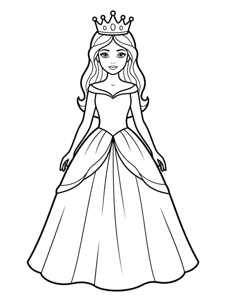 Kleurplaat van een prinses met kroon in wijde off shoulder baljurk