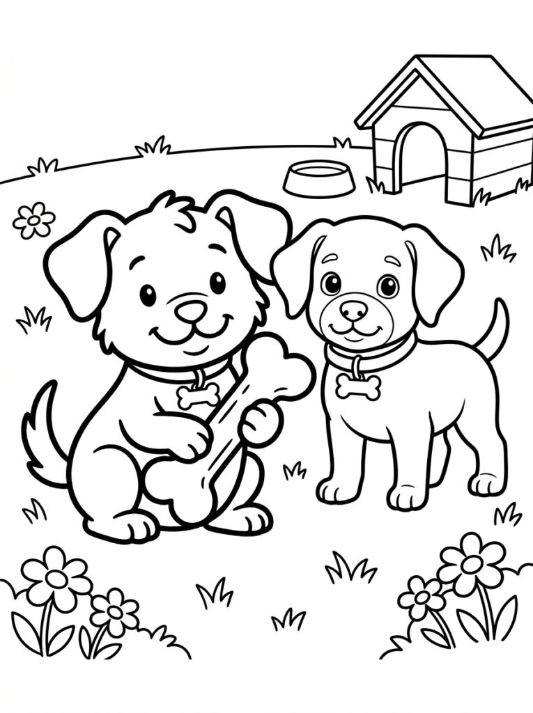 Twee puppy's met bot bij hondenhok