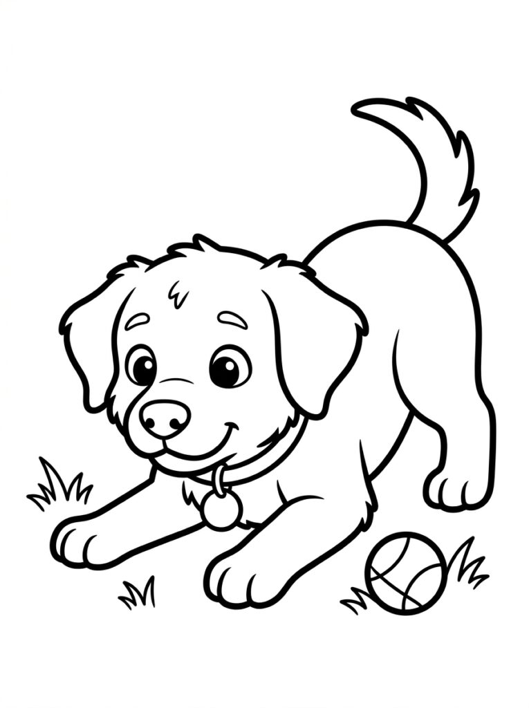 Puppy ligt bij bal in gras
