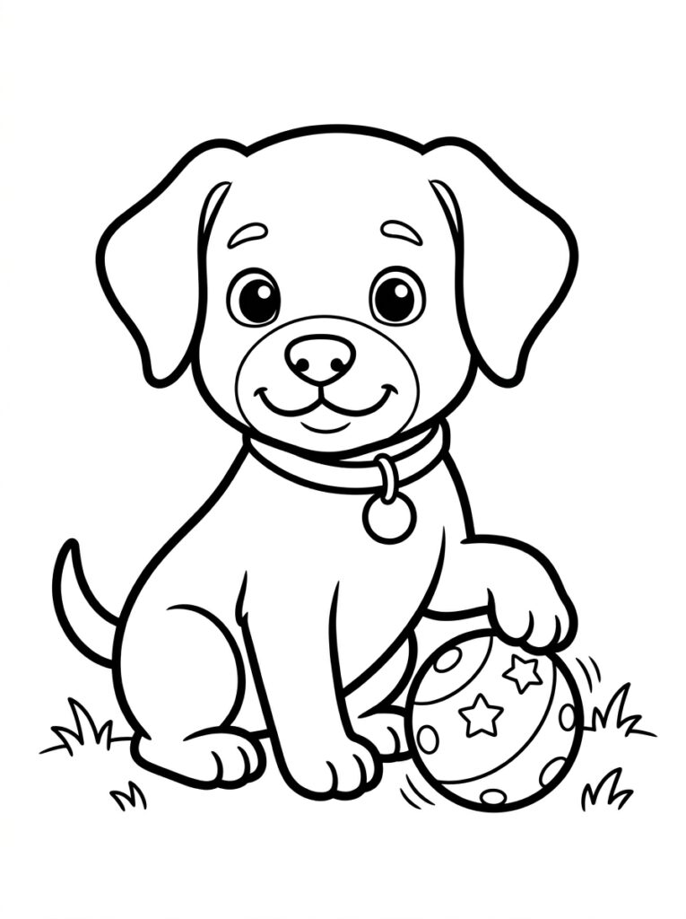 Puppy zit met poot op bal