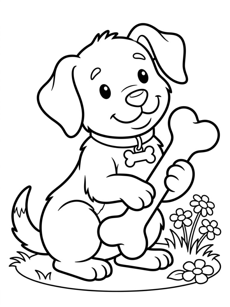 Zittende puppy houdt bot vast bij bloemen